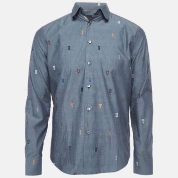 Pre Owned Louis Vuitton Grey Alphabet Embroidered Cotton Shirt XS