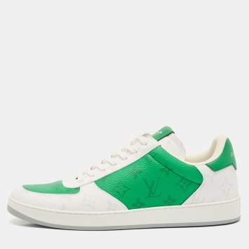 Pre Owned Louis Vuitton White/Green Leather and Monogram Canvas Rivoli Low-Top Sneakers Size 42.5