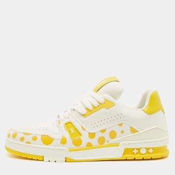 Pre Owned Louis Vuitton LV Trainer Size 43 White/Yellow Monogram Leather Lace Up Sneakers