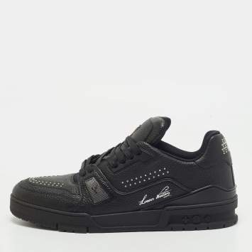 Pre Owned Louis Vuitton LV Trainer Size 44.5 Black Leather Low Top Sneakers