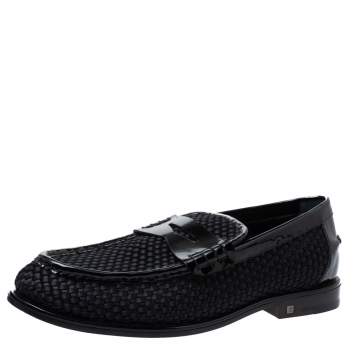 Pre Owned Louis Vuitton Black Patent Leather And Woven Satin Penny Slip On Loafers Size 41.5