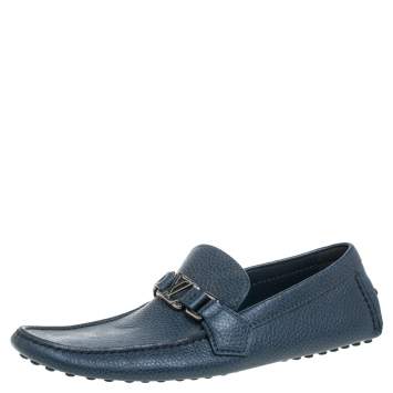 Pre Owned Louis Vuitton Blue Grained Leather Major Logo Slip On Loafers Size 41.5