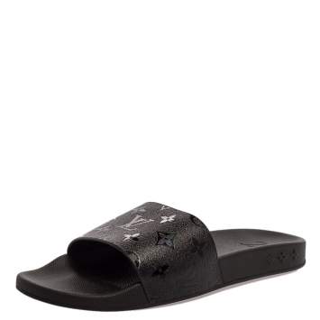 Pre Owned Louis Vuitton Black Rubber Monogram Waterfront Slide Sandals Size 42