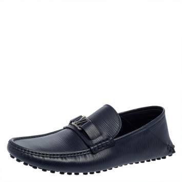 Pre Owned Louis Vuitton Blue Textured Leather Hockenheim Loafers Size 43