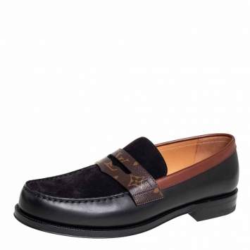 Pre Owned Louis Vuitto Black/Brown Monogram Canvas And Suede Sorbonne Loafers Size 42
