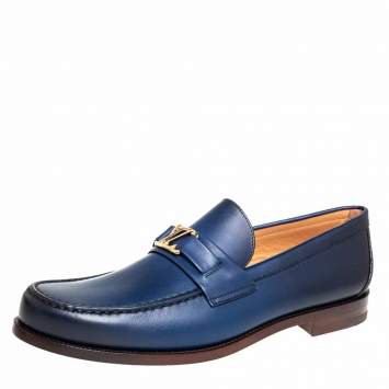 Pre Owned Louis Vuitton Blue Leather Major Slip On Loafers Size 43.5