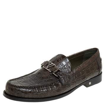Pre Owned Louis Vuitton Green Croc Leather Hockenheim Slip On Loafers Size 41.5