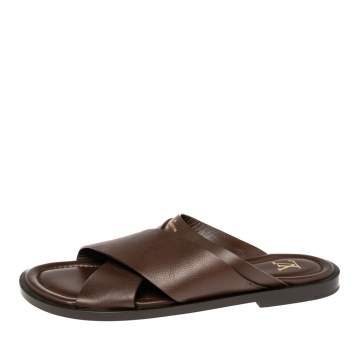 Pre Owned Louis Vuitton Brown Leather Foch Cross Strap Flat Slides Size 44