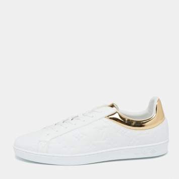 Pre Owned Louis Vuitton White/Gold Monogram Leather Luxembourg Sneakers Size 42.5