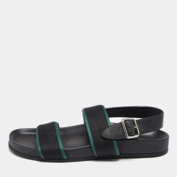 Pre Owned Louis Vuitton Black/Green Leather and Canvas Mirabeau Flat Sandals Size 41