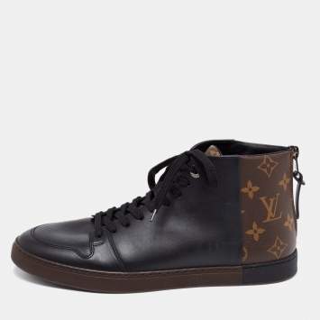 Pre Owned Louis Vuitton Black/Brown Leather and Monogram Canvas Line Up High-Top Sneakers Size 39.5