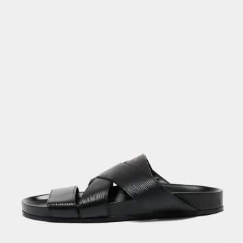 Pre Owned Louis Vuitton Black Epi Leather Cross Strap Flat Slides Size 41.5