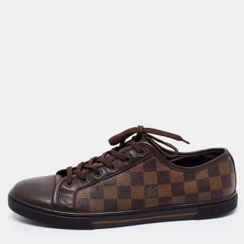 Pre Owned Louis Vuitton Brown Leather and Damier Ebene Canvas Punchy Low Top Sneakers Size 41.5