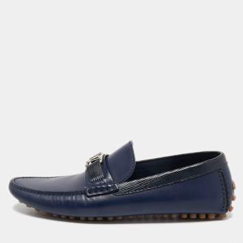 Pre Owned Louis Vuitton Navy Blue Leather Hockenheim Loafers Size 41.5
