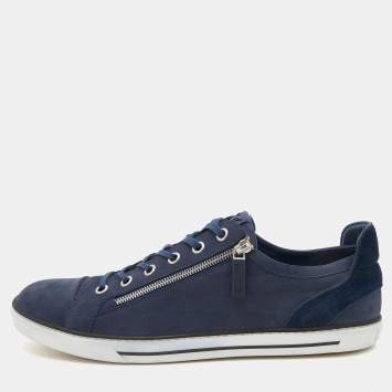 Pre Owned Louis Vuitton Blue Damier Nubuck Leather and Suede Adventure Sneakers Size 45.5