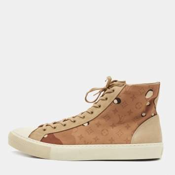 Pre Owned Louis Vuitton Brown/Beige Suede and Canvas High Top Sneakers Size 46