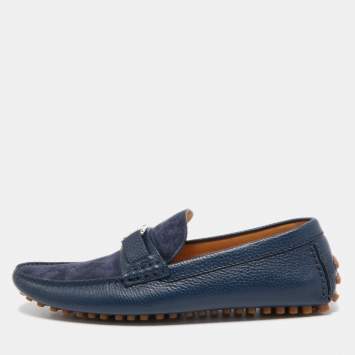 Pre Owned Louis Vuitton Navy Blue Suede and Leather Hockenheim Loafers Size 41