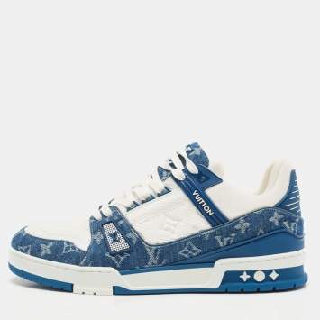 Pre Owned Louis Vuitton Blue/White Leather and Denim LV Trainer Sneakers Size 44