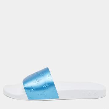 مملوكة مسبقًا Louis Vuitton Blue/Grey Rubber Flat Slides Size 45