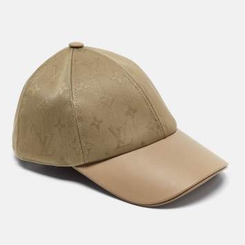 Pre Owned Louis Vuitton Khaki Green LV Monogram Cotton and Leather First Cap 