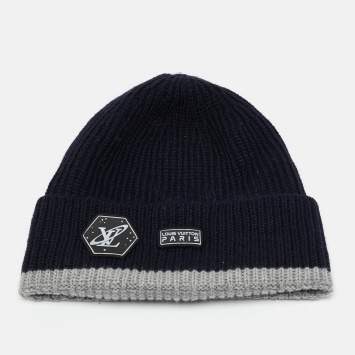 Pre Owned Louis vuitton Navy Blue Logo Applique Wool Rib Knit Beanie