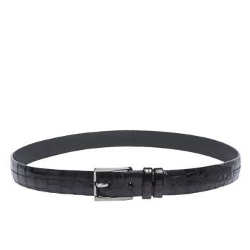 Pre Owned Louis Vuitton Black Crocodile Buckle Belt 120CM