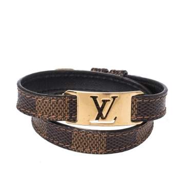 Pre Owned Louis Vuitton Gold Tone Sign It Damier Ebene Leather Bracelet
