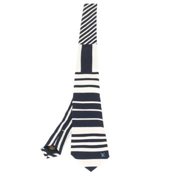 Pre Owned Louis Vuitton Navy Blue & White Striped Silk Tie