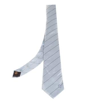 Pre Owned Louis Vuitton Pale Blue Micro Damier Striped Silk Tie