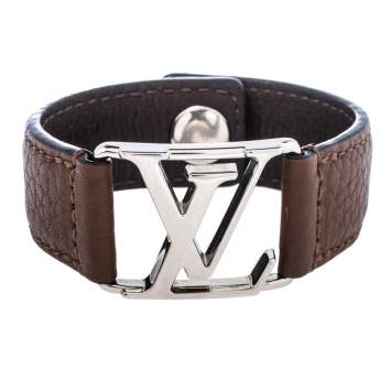 Pre Owned Louis Vuitton Hockenheim Brown Leather Silver Tone Bracelet