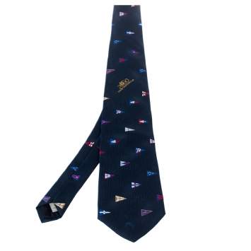 Pre Owned Louis Vuitton Navy Blue 2000 Cup Flag Embroidered Silk Tie