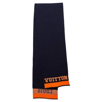 Pre Owned Louis Vuitton Navy Blue & Orange Logo Wool Louis Scarf