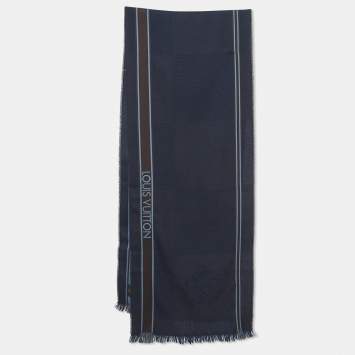 Pre Owned Louis Vuitton Navy Blue Damier Geant Wool Messager Scarf 
