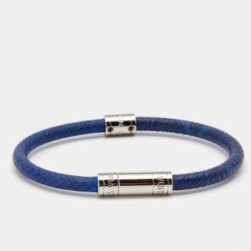 Pre Owned Louis Vuitton Blue Taïga Leather & Canvas Split Leather Bracelet