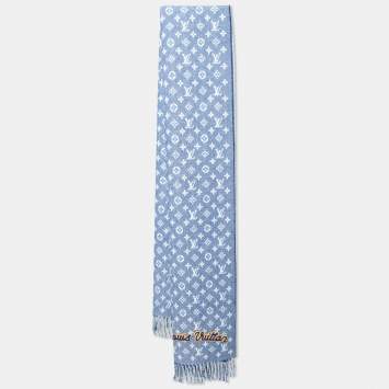 Pre Owned Louis Vuitton Blue Monogram Intarsia Wool Fringed Muffler 