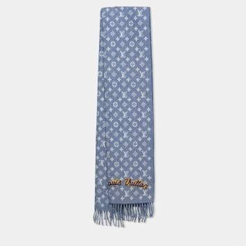 Pre Owned Louis Vuitton Blue Wool Cashmere Monogram Denimbellished City Scarf