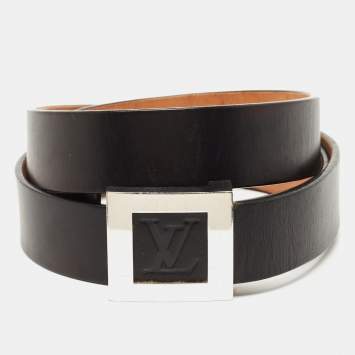 Pre Owned Louis Vuitton Black Leather LV Frame Belt 95CM