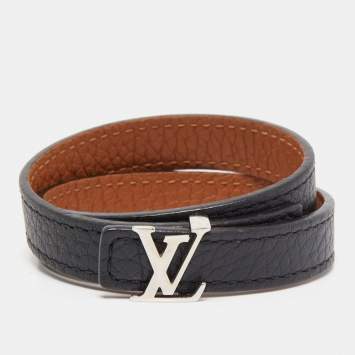 Pre Owned Louis Vuitton Black/Brown Leather LV Initiales Reversible Double Wrap Bracelet