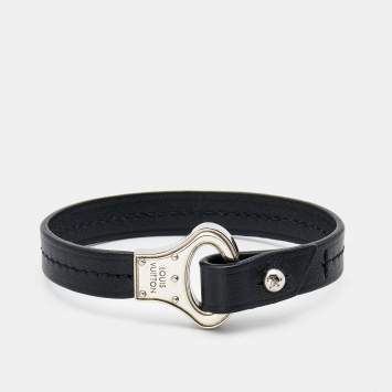Pre Owned Louis Vuitton Black Leather Silver Tone Archive Bracelet