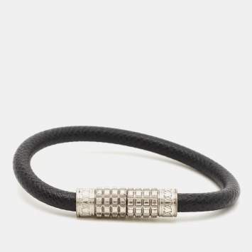 Pre Owned Louis Vuitton Digit Damier Ardoise Taiga Leather Silver Tone Bracelet 