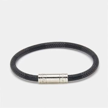 Pre Owned Louis Vuitton Canvas Damier Ebene Keep It Canvas Silver Tone Bracelet