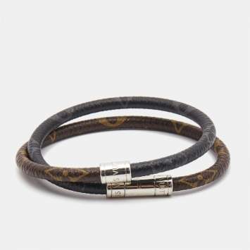 Pre Owned Louis Vuitton Keep It Double Canvas Silver Tone Wrap Bracelet