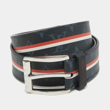 Pre Owned Louis Vuitton Navy Blue Monogram Canvas and Leather Reverso Striped Belt 95 CM
