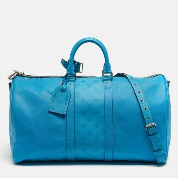 Pre Owned Louis Vuitton Keepall Bandoulière 50 Blue Lagoon Taigarama Leather Bag