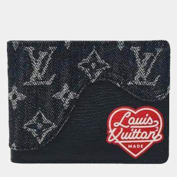 Pre Owned Louis Vuitton x NIGO Slender Black Monogram Denim Taurillon Leather Men Bifold Wallet