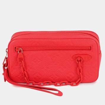 Pre Owned Louis Vuitton Pochette Volga Red Taurillon Monogram Leather Wristlet Bag