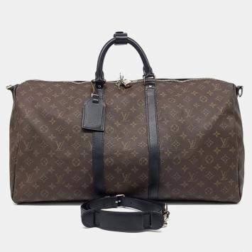 Pre Owned Louis Vuitton Black Brown PVC Macassar Bandoulière Keepall 55
