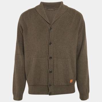 Pre Owned Louis Vuitton Green Rib Knit Wool Blend Shawl Collar Cardigan L