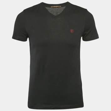Pre Owned Louis Vuitton Black LV Embroidered Jersey V-Neck T-Shirt XS
