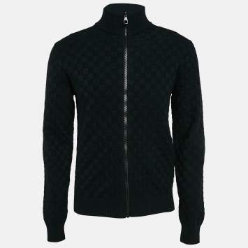 Pre Owned Louis Vuitton Navy Blue Wool Damier Knit Zip-Up Jacket XS